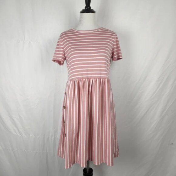 Shein Dusty Rose Pink Pull Over White Striped Button A Line Dress - Size Large - Picture 4 of 4